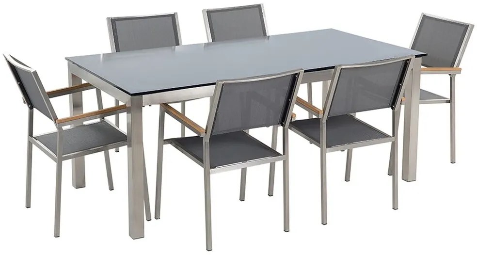 Set de masă pentru grădină Grosso (negru) (6 scaune gri). 1011731