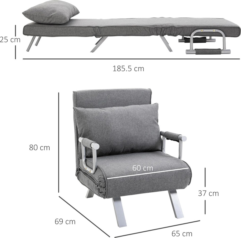 HOMCOM Canapea Extensibilă cu Poziție Reglabilă în 5 Niveluri, Canapea pliabilă cu pernă, 65x69x80 cm, Gri | Aosom Romania