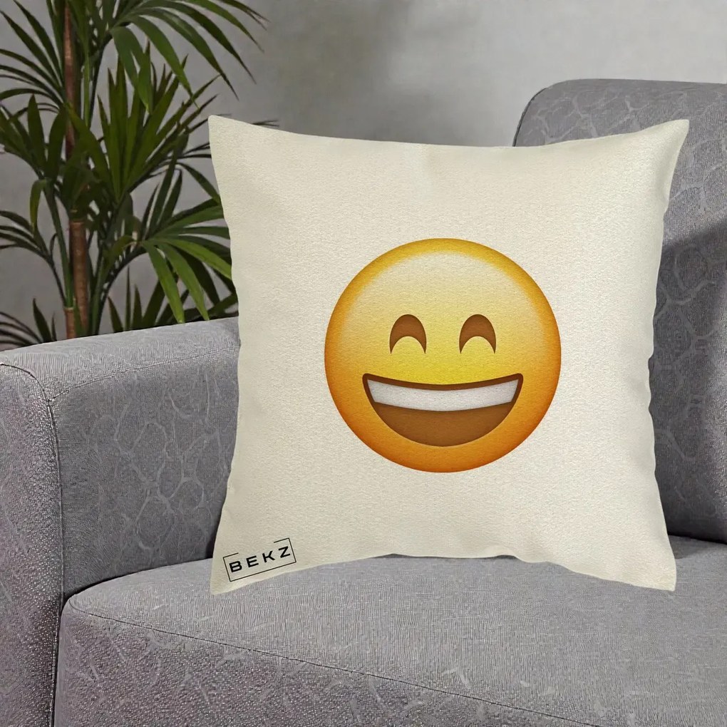 Perna Decorativa Emoji Zambet Mare, 40x40 cm, Ecru, Husa Detasabila, Perna Inclusa, BEKZ®