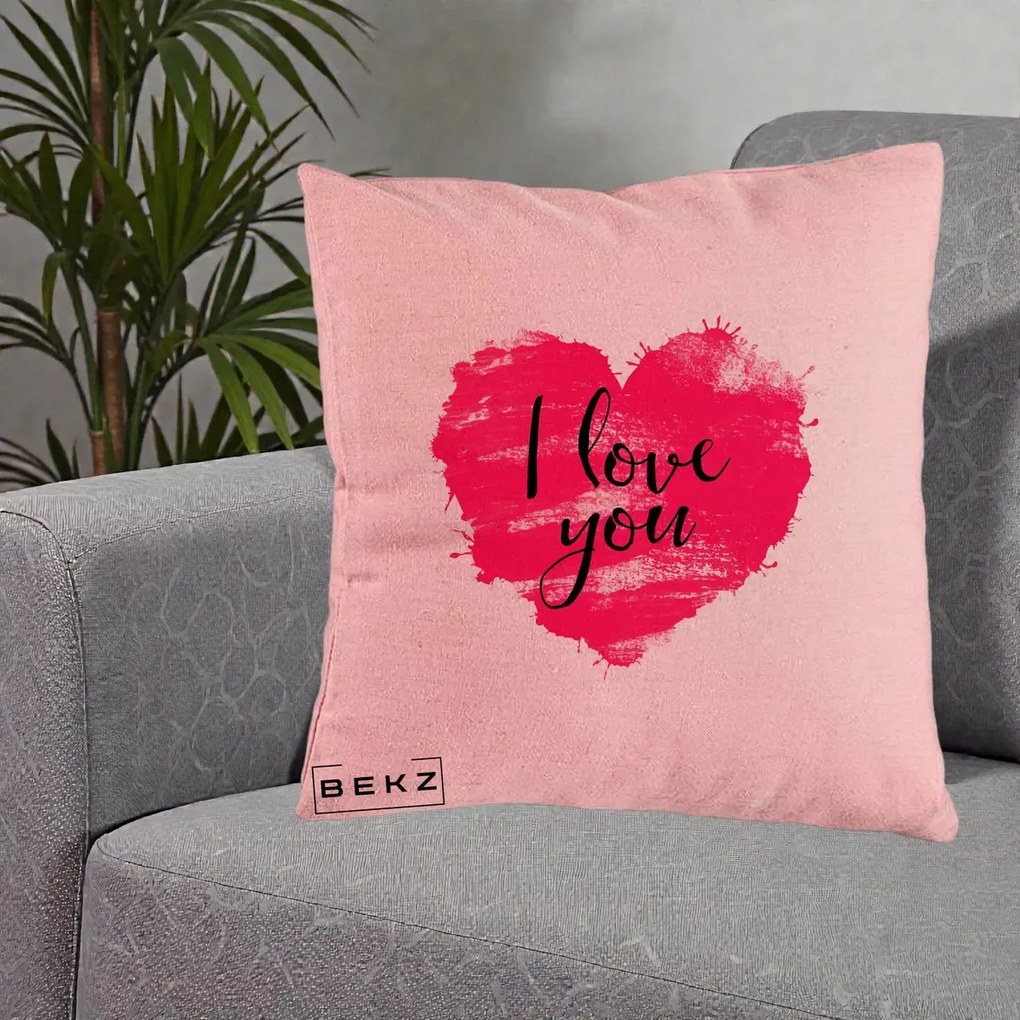 Cadou Romantic - Perna Personalizata I Love You Inima Roz, 40x40 cm, Roz, Husa Detasabila, Perna Inclusa, BEKZ®