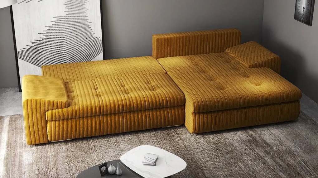 Colțar extensibil dumonde cu ladă de depozitare si sezut confortabil din spuma high-density, Leonardo Ambience Mustar 260x185 cm II