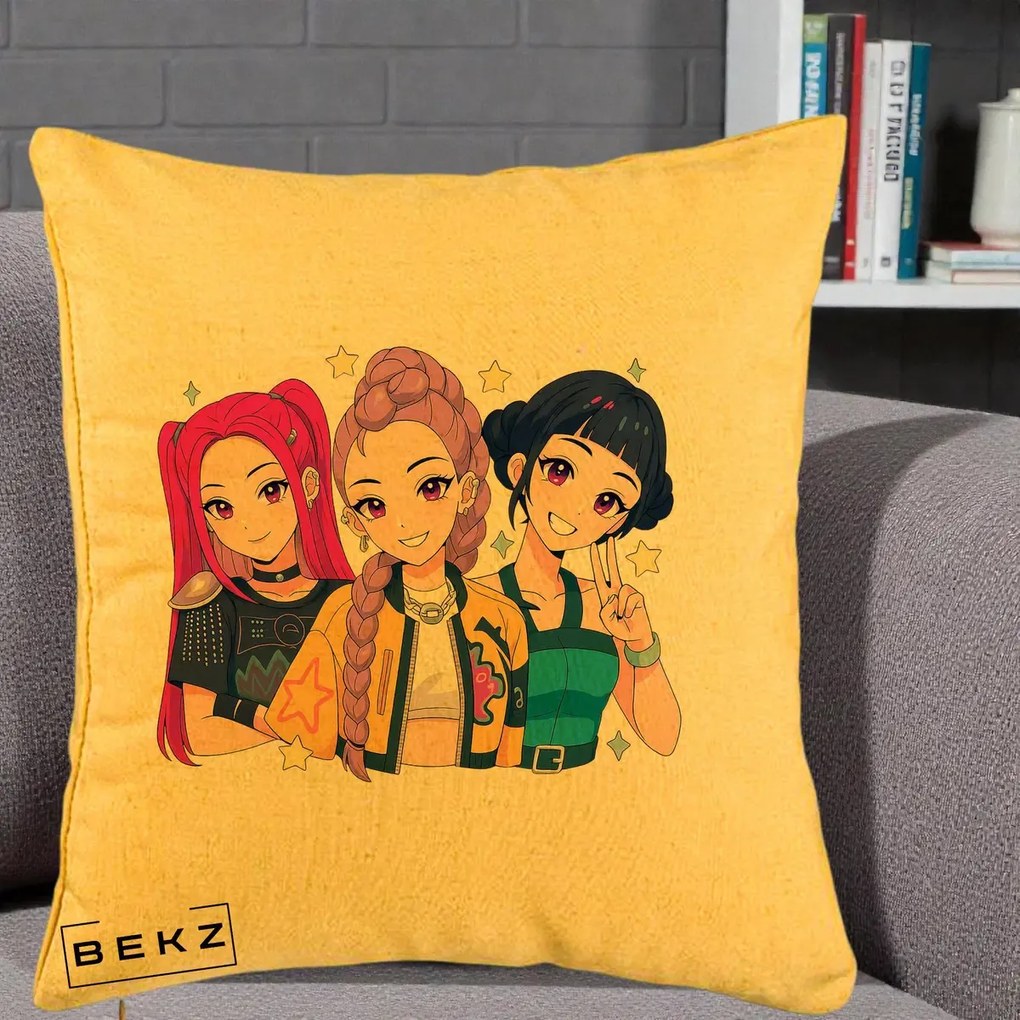 Perna Personalizata K-pop HUNTRX Trio Anime Stele, 40x40 cm, Galben, Husa Detasabila, Perna Inclusa, BEKZ®