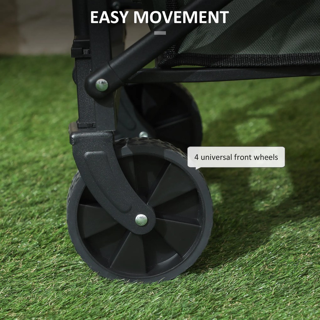 Outsunny Cărucior Pliabil de Grădină de 72l cu Deschidere Posterioară, Roți, Buzunare și Mâner, 114x46x65-92 cm, Verde | Aosom Romania