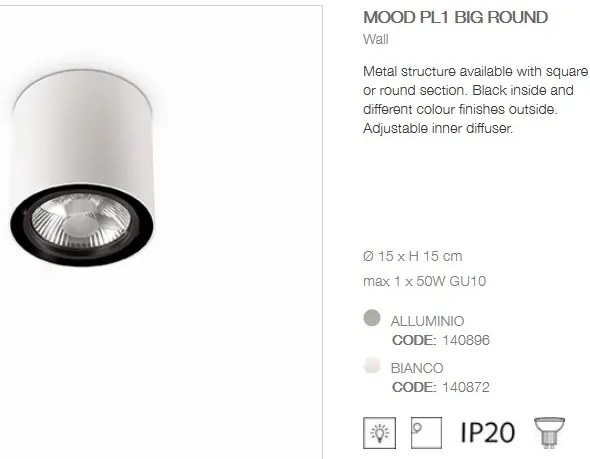 Plafoniera, Spot aplicat diametru 15cm, MOOD PL1 BIG ROUND BIANCO 140872