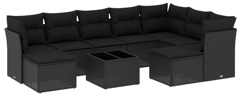 3250414 vidaXL Set canapele de grădină cu perne, 10 piese, negru, poliratan