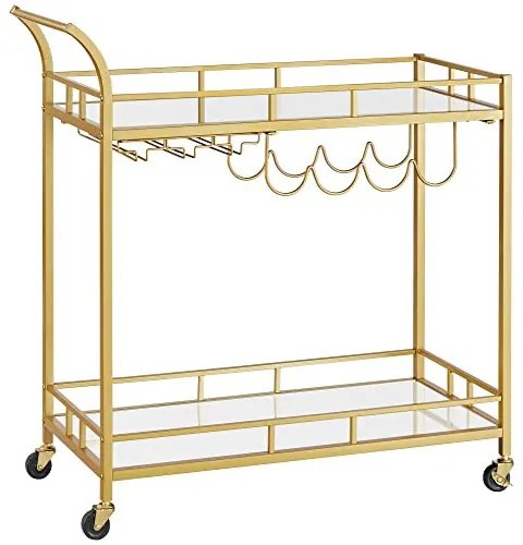 Carucior Servire cu 2 Nivele si Suport pentru Sticle / Pahare, Sticla / Metal, Auriu, Vasagle, LRC090A03