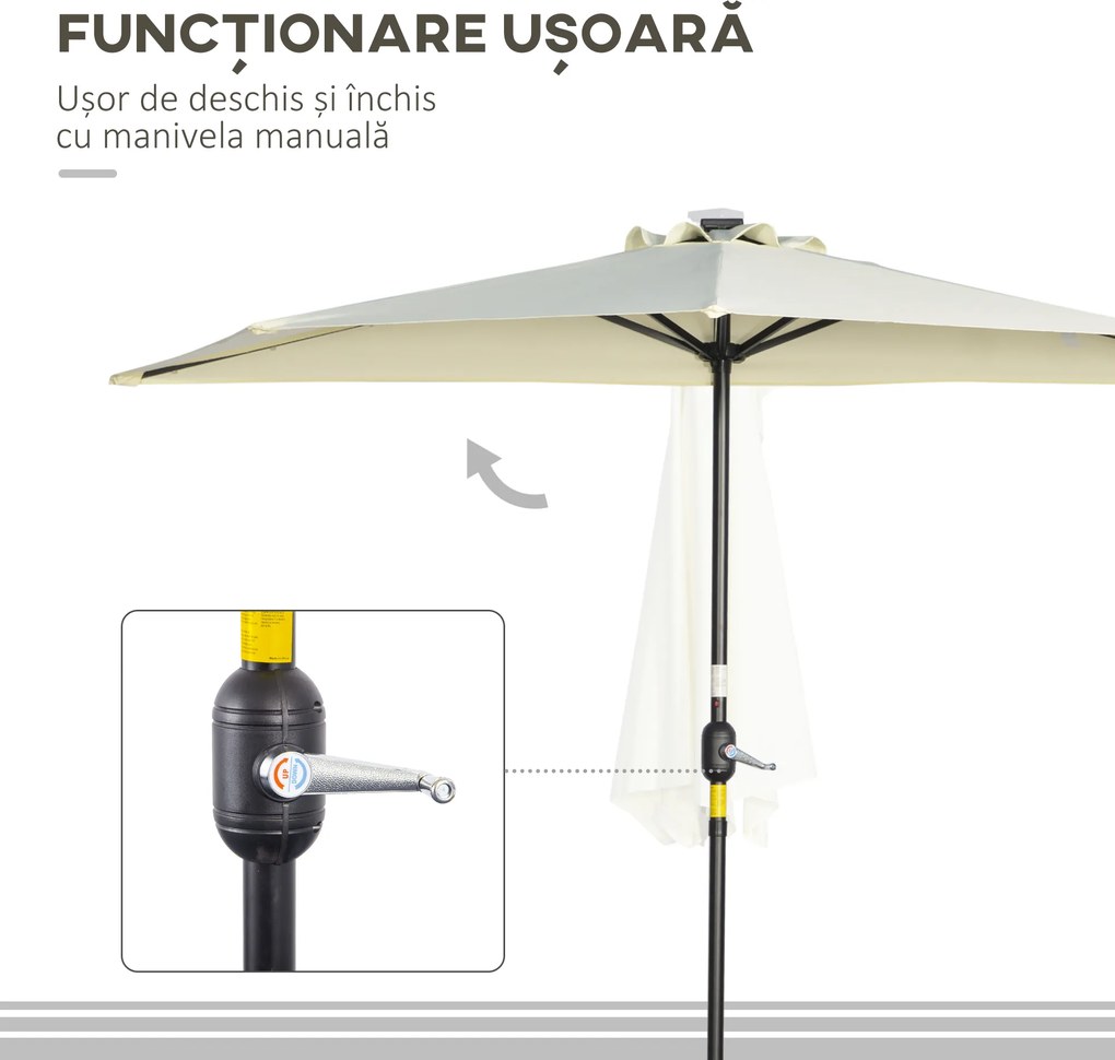 Outsunny Umbrelă Semicirculară cu 20 Lumini LED, Panou Solar, Manivelă si Tijă în 2 Secțiuni, 270x135x240cm, Bej | Aosom Romania