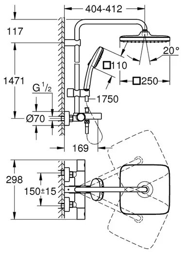 Coloana de dus cu termostat Grohe Tempesta 250 Cube finisaj crom lucios