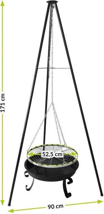 Grilaj suspendat cu trepied, cu focar