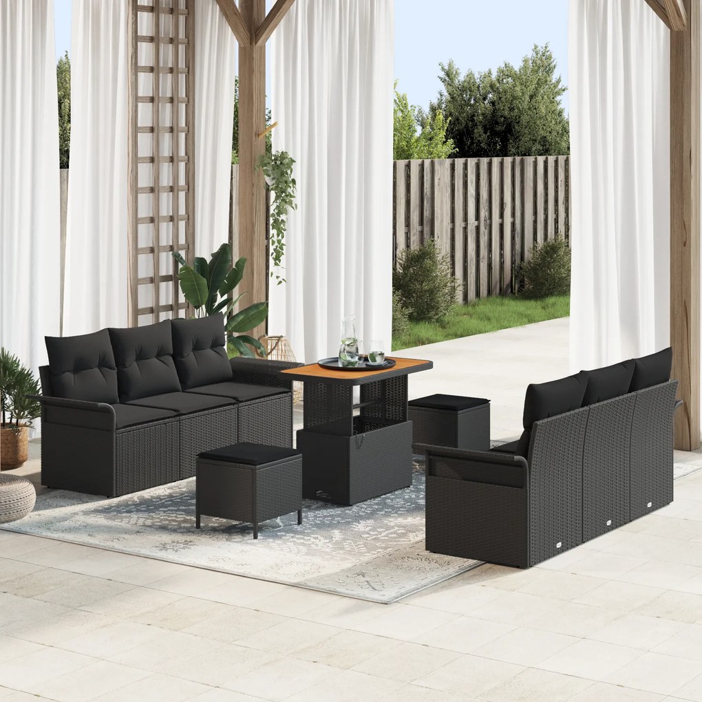 vidaXL Set de Canapea pentru Grădină cu 9 Piese, Perne Negre, din Ratan și Poliester, Acacia