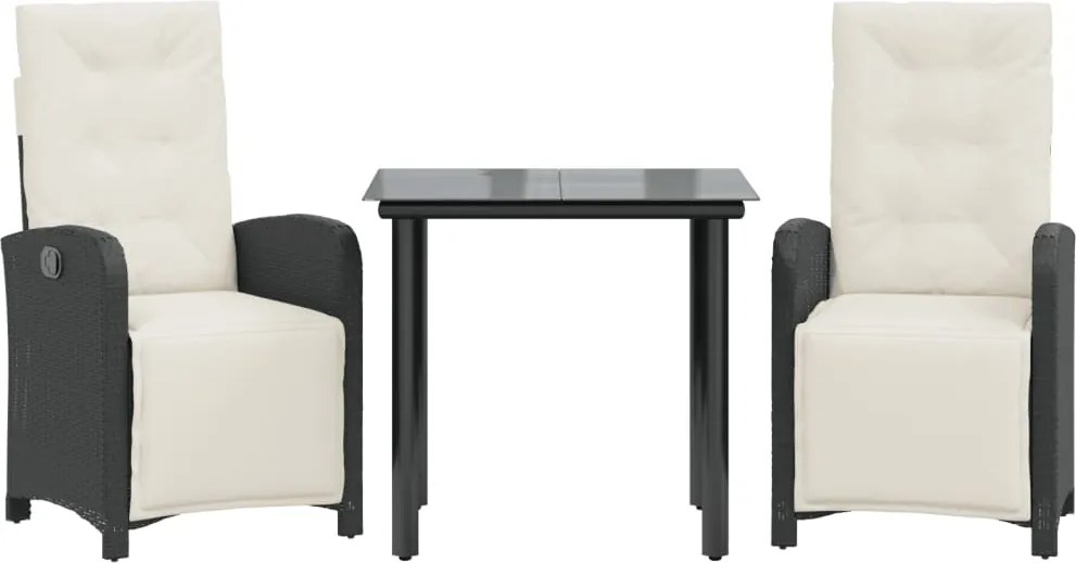 vidaXL Set bistro cu perne, 3 piese, negru, poliratan