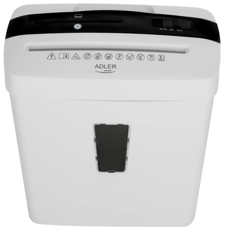 Distrugator de documente Adler AD 1037, 200 W, 13 L, Pana la 22 cm, 6 foi, CD/DVD si card, Pornire/oprire automata, Functie inversa, 69 dB, Alb