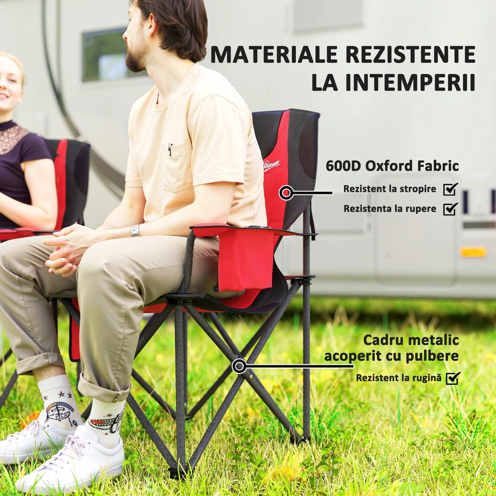 Outsunny Set 2 Scaune de Camping Pliabile cu Geantă Frigorifică, Suport pentru Pahare și Tetieră, 94x62x100 cm, Roșu | Aosom Romania