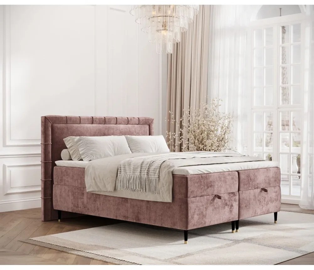 Pat boxspring roz cu spațiu de depozitare 200x200 cm Voyage – Maison de Rêve