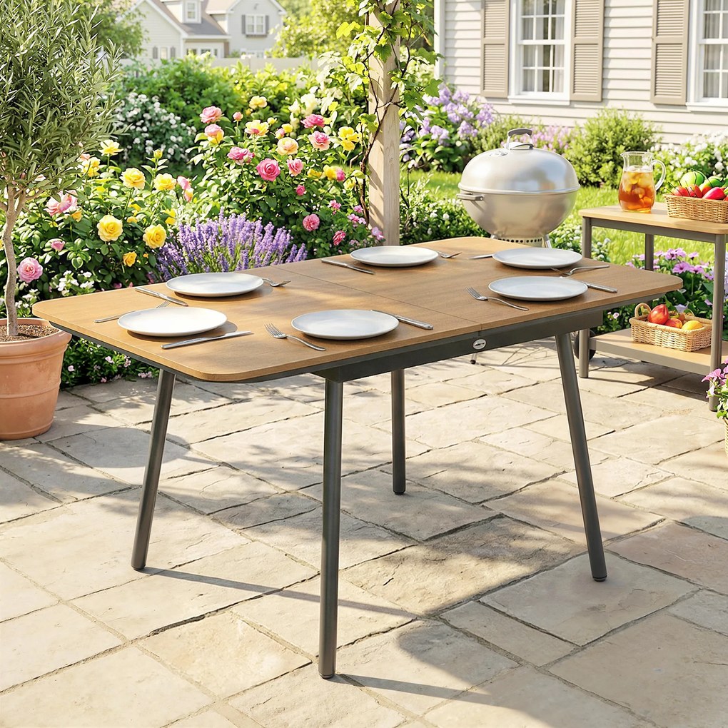Outsunny Masă de grădină 140 x 80 cm pentru 6 persoane rezistentă la rugină masă de exterior cu blat WPC Picioare reglabile, Teak | Aosom Romania