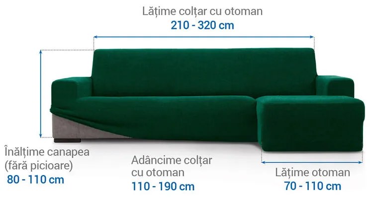 Huse super elastice HARMONIA verzi canapea cu otoman dreapta (l. 210 - 320 cm)