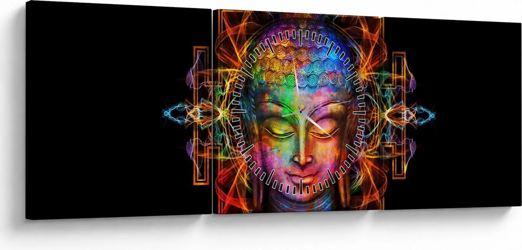 Tablou - Bustul lui Buddha în culori neon (cu ceas) (90x30 cm)