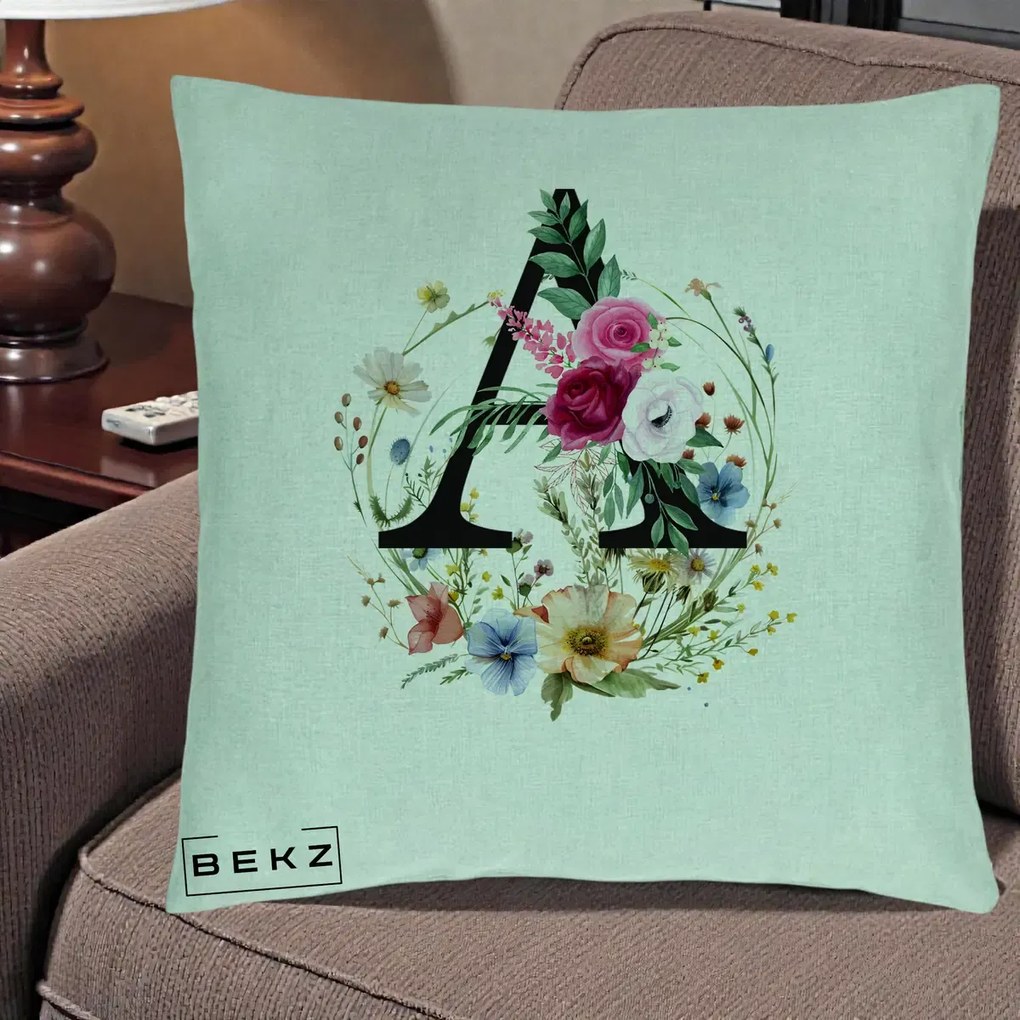 Cadou Personalizat - Perna Personalizata Monogram Litera A cu Flori Acuarela, 40x40 cm, Verde Menta, Husa Detasabila, Perna Inclusa, BEKZ®