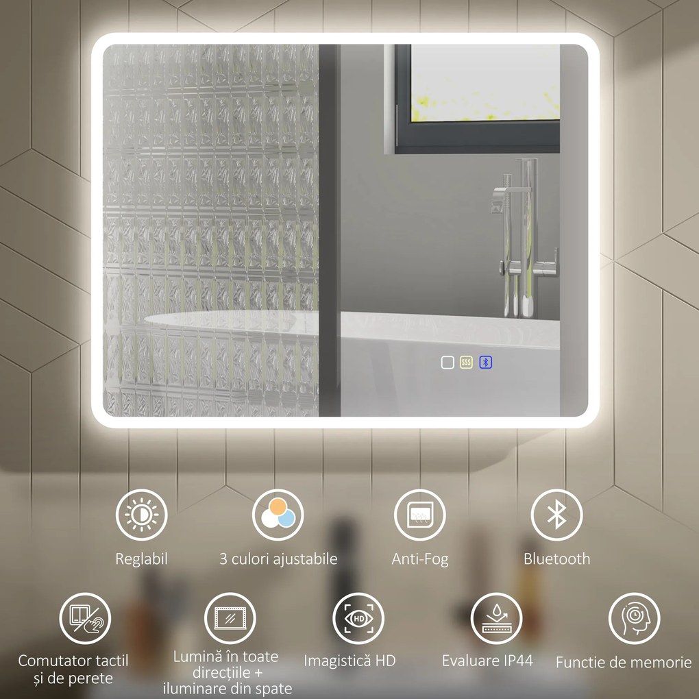 HOMCOM Oglindă de baie LED bluetooth 70 x 90 cm interruptor tactil lumină reglabilă 3 culori anti-abur memorie argintiu | Aosom Romania