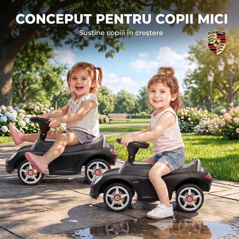 AIYAPLAY Mașinuță de Împins pentru Copii cu Licență Porsche, Claxon, Faruri și Sunet de Pornire, PP, Negru | Aosom Romania