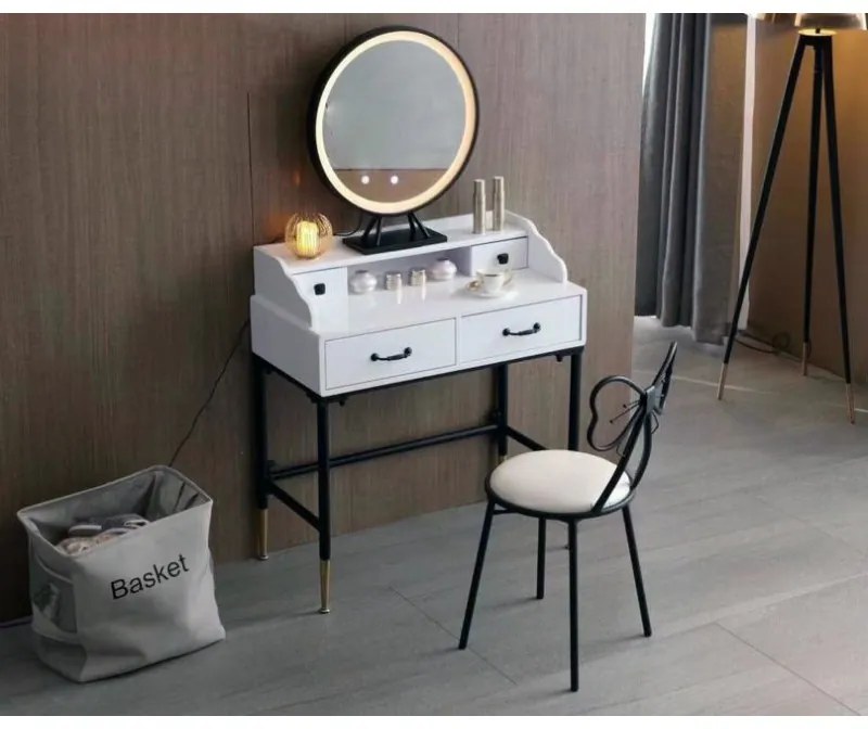 Masa Make-Up 80x147x40 cm Nuanta Alb Negru Oglinda Led