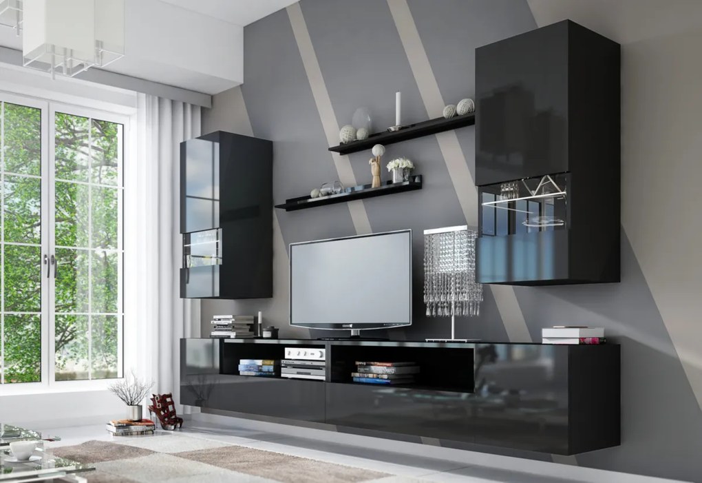 Expedo Set mobilier ELPASO 41 + LED iluminat, negru/negru luciu