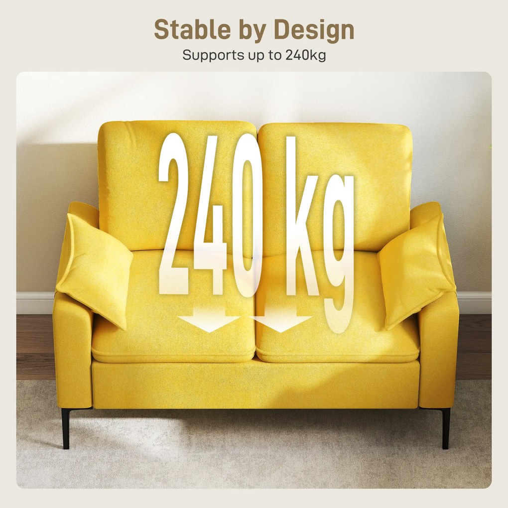 HOMCOM Divan cu Două Locuri Îmbunătățit în Material Textil de Tip Spugna cu Perne Detașabile, Divan Compact Modern cu Brațe și Picioare Metalice pentru Sufragerie, Dormitor, 130x77x84 cm, Galben | Aosom Romania