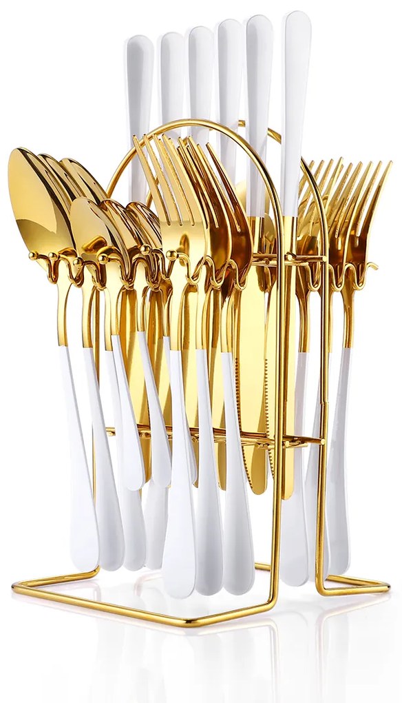 Set tacamuri stainless stell,24 piese, cu suport, TRENDY’S, alb-gold