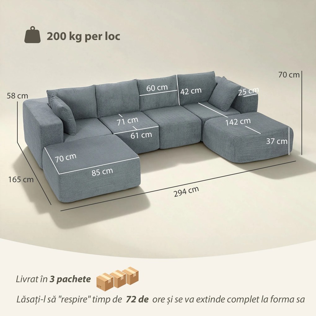 HOMCOM Canapea Modulară Secțională 294 cm, în Formă de U cu 2 Poufuri, Fără Asamblare, Gri Închis, pentru Sufragerie și Dormitor. | Aosom Romania