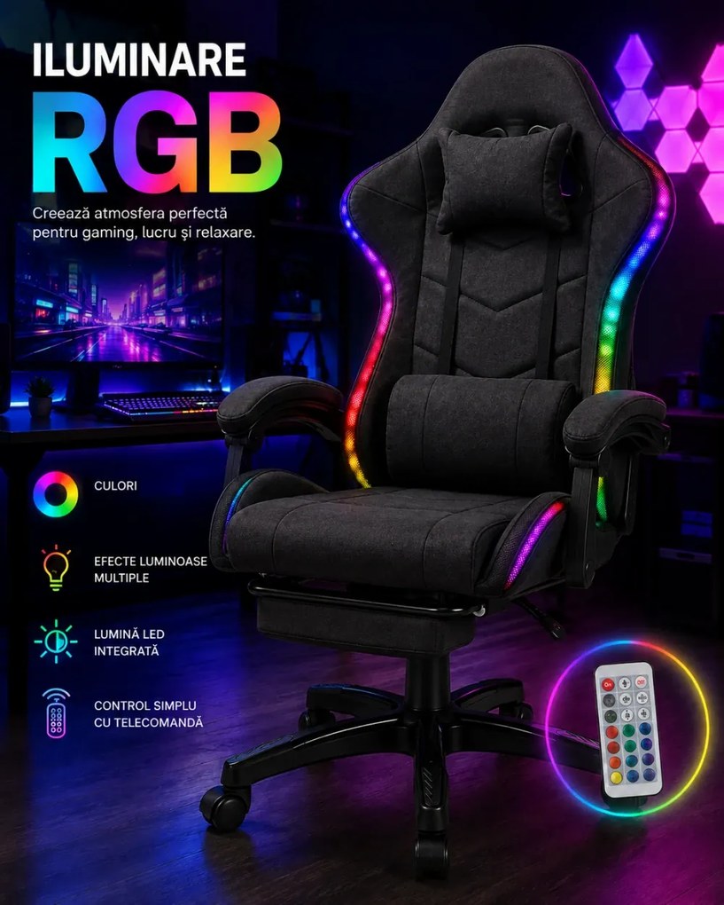 SONICSTRIKE RGB FABRIC– Scaun Gaming cu Masaj în 7 Puncte, Boxe Bluetooth Integrate, Sistem iluminare banda LED RGB, Tapițerie Premium Dublu Strat Anti-Zgâriere, Suport Extensibil pentru Picioare, Negru