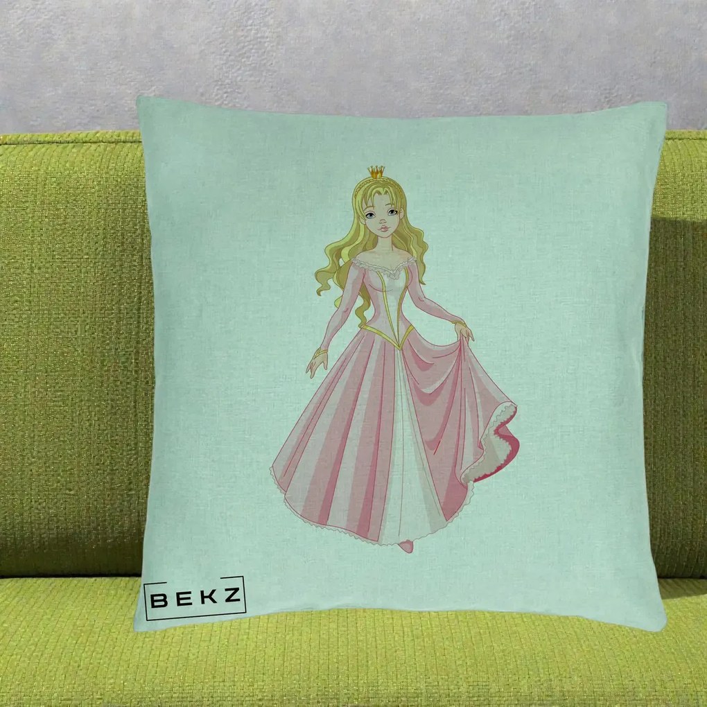 Perna Decorativa Printesa Aurora Rochie Roz, 40x40 cm, Verde Menta, Husa Detasabila, Perna Inclusa, BEKZ®