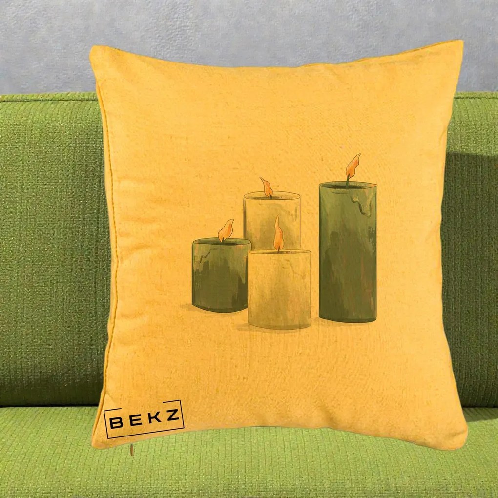 Perna Decorativa Lumanari Hygge Alb-Verde, 40x40 cm, Galben, Husa Detasabila, Perna Inclusa, BEKZ®