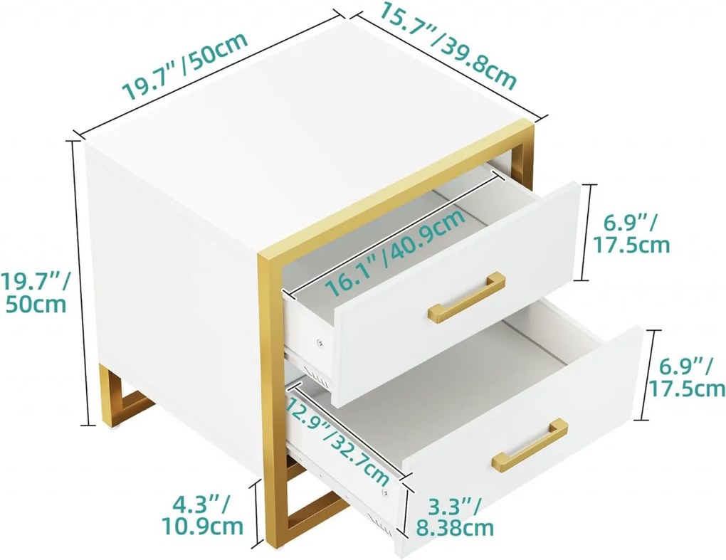 NOA233 - Set 2x Noptiere albe 50 cm, cu 2 sertare - Alb - Auriu