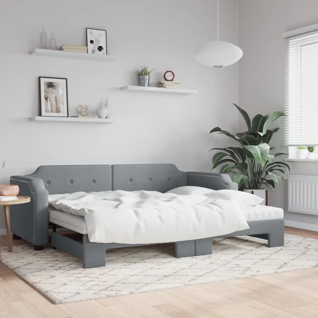 vidaXL Pat de zi cu extensie și saltele, gri deschis, 80x200 cm textil