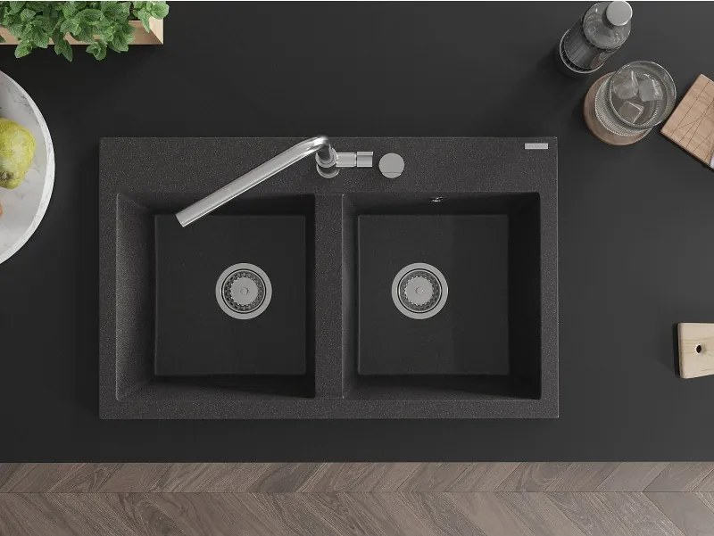 Mexen Hektor chiuvetă din granit cu 2 compartimente 800 x 480 mm, negru pătat, sifon crom - 6521802000-76