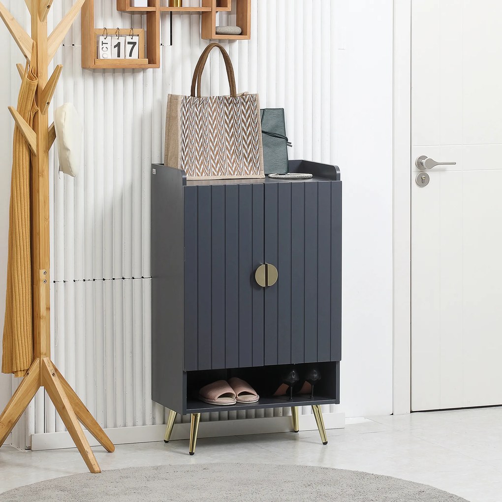 HOMCOM Dulap de pantofi modern cu 4 niveluri, cu 2 usi si rafturi reglabile pentru pana la 15 pantofi, din PAL si otel, 60x33x100 cm, gri si auriu | Aosom Romania