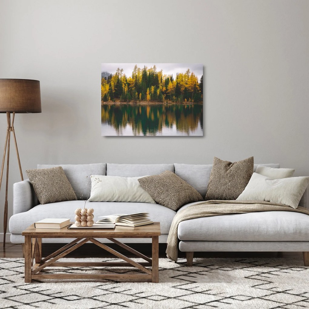 Tablou pe sticlă cu lac de pădure (70x50 cm)