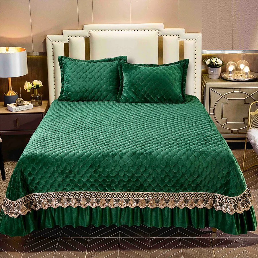Cuvertură catifea matlasată cu broderie, verde smarald, 3 piese, 220x240 cm, CC75
