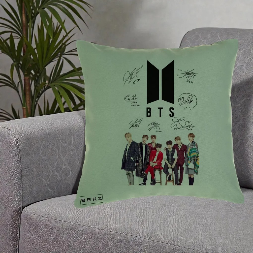 Perna Personalizata K-pop BTS Semnaturi Foto, 40x40 cm, Verde, Husa Detasabila, Perna Inclusa, BEKZ®