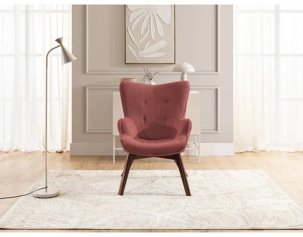 Fotoliu cu taburet roșu cu tapițerie din catifea reiată Niko – Ropez