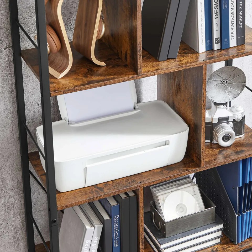 Biblioteca Living, Maro Rustic / Negru, PAL / Metal, 5 Rafturi