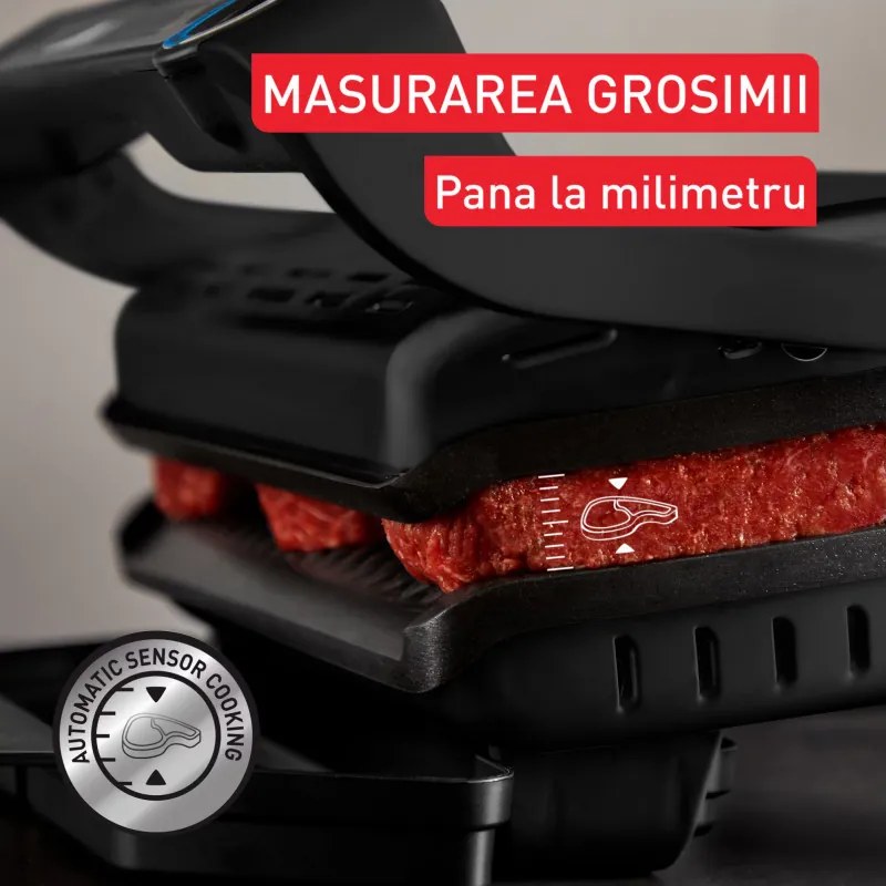 Gratar electric Tefal OptiGrill+ GC717810, 2000W, 6 programe, Acoperire antiaderenta Teflon, Ecran tactil, Smart grill, Max 240C, Negru