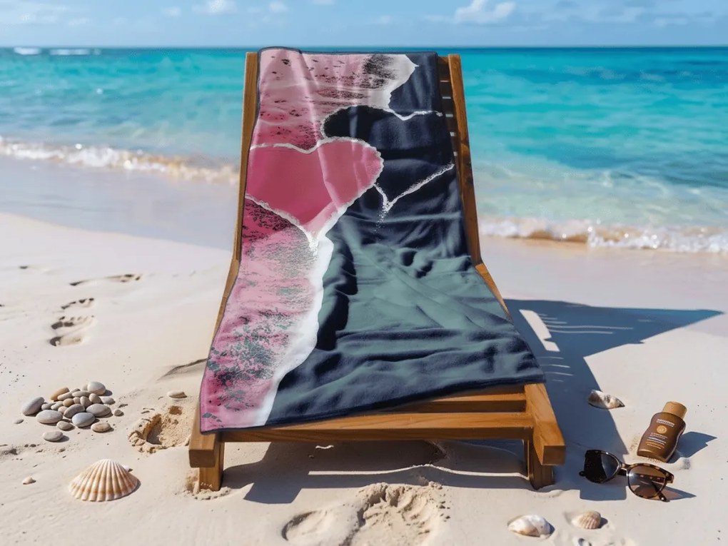 Prosop de plaja cu uscare rapida SEA OF HEARTS roz-negru 70 x 140 cm, 100% microfibra