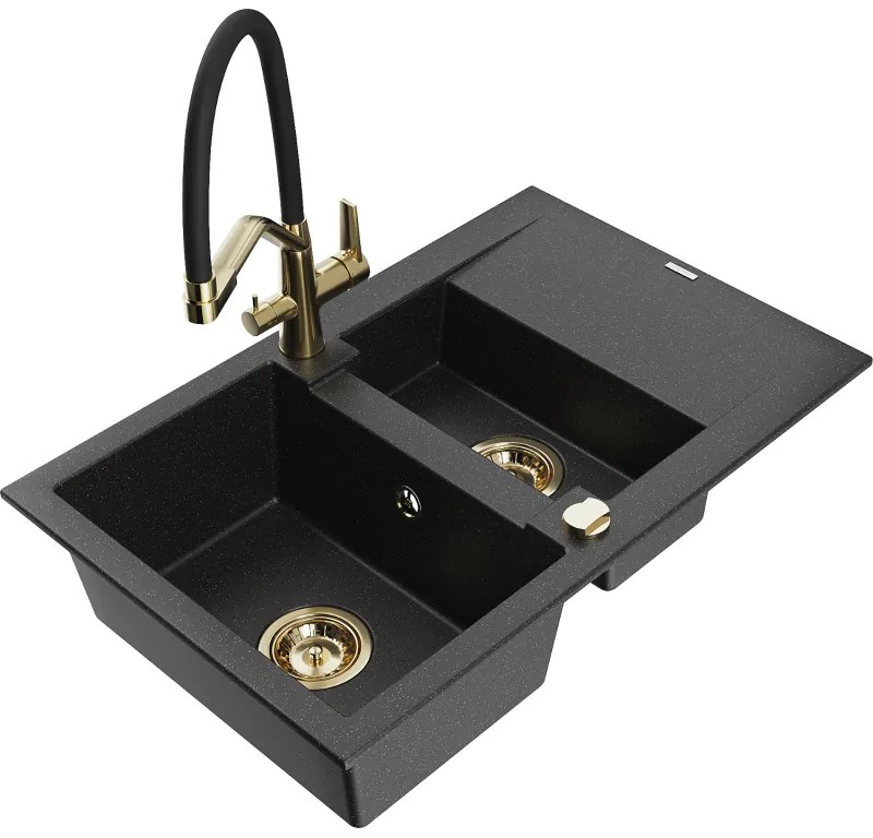 Mexen Gaspar chiuvetă granit 1,5 camere cu picurător și baterie bucătărie Duo, negru/argintiu - 6507-73-671701-57-G
