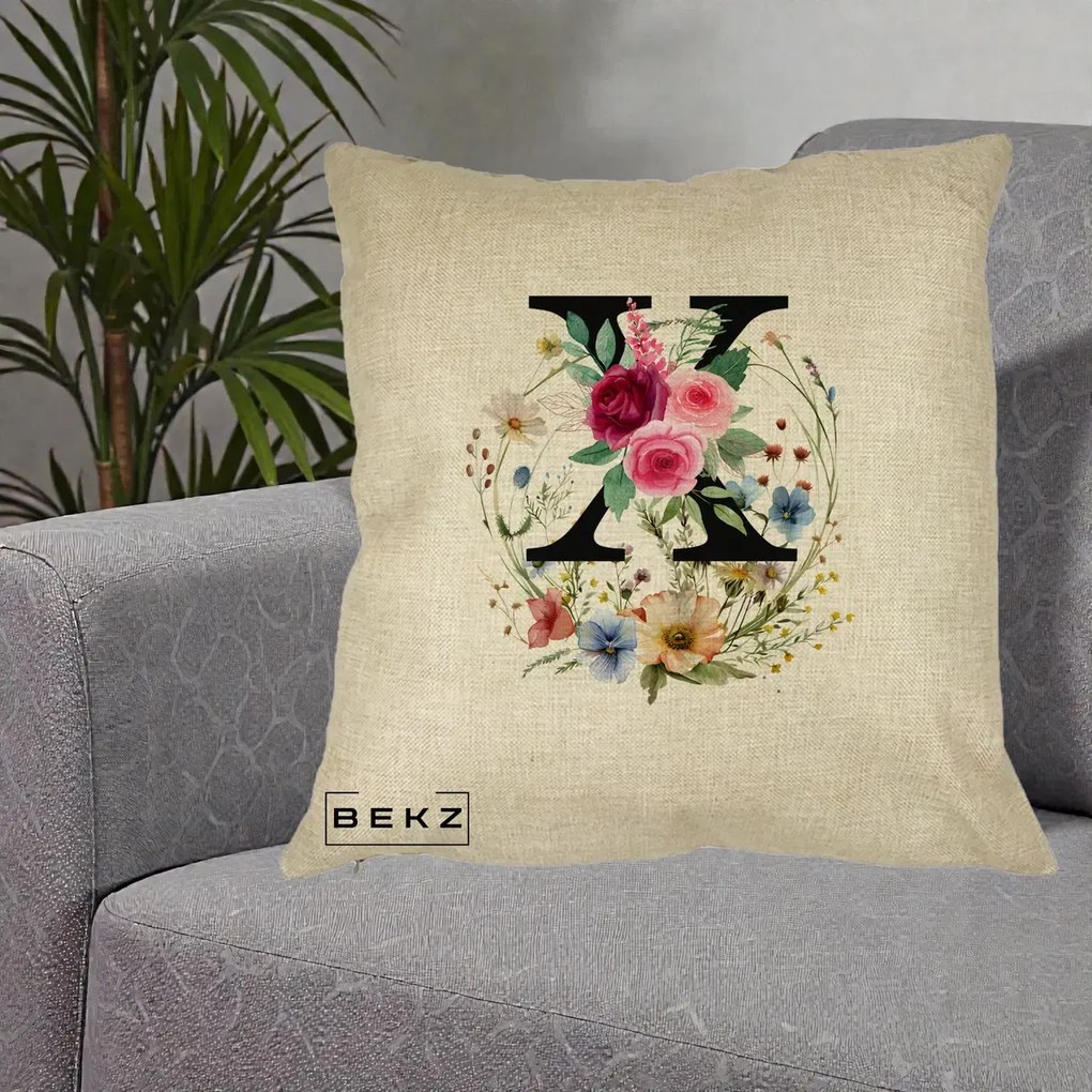 Cadou Personalizat - Perna Personalizata Monograma Florala Litera X cu Coroana, 40x40 cm, Crem, Husa Detasabila, Perna Inclusa, BEKZ®