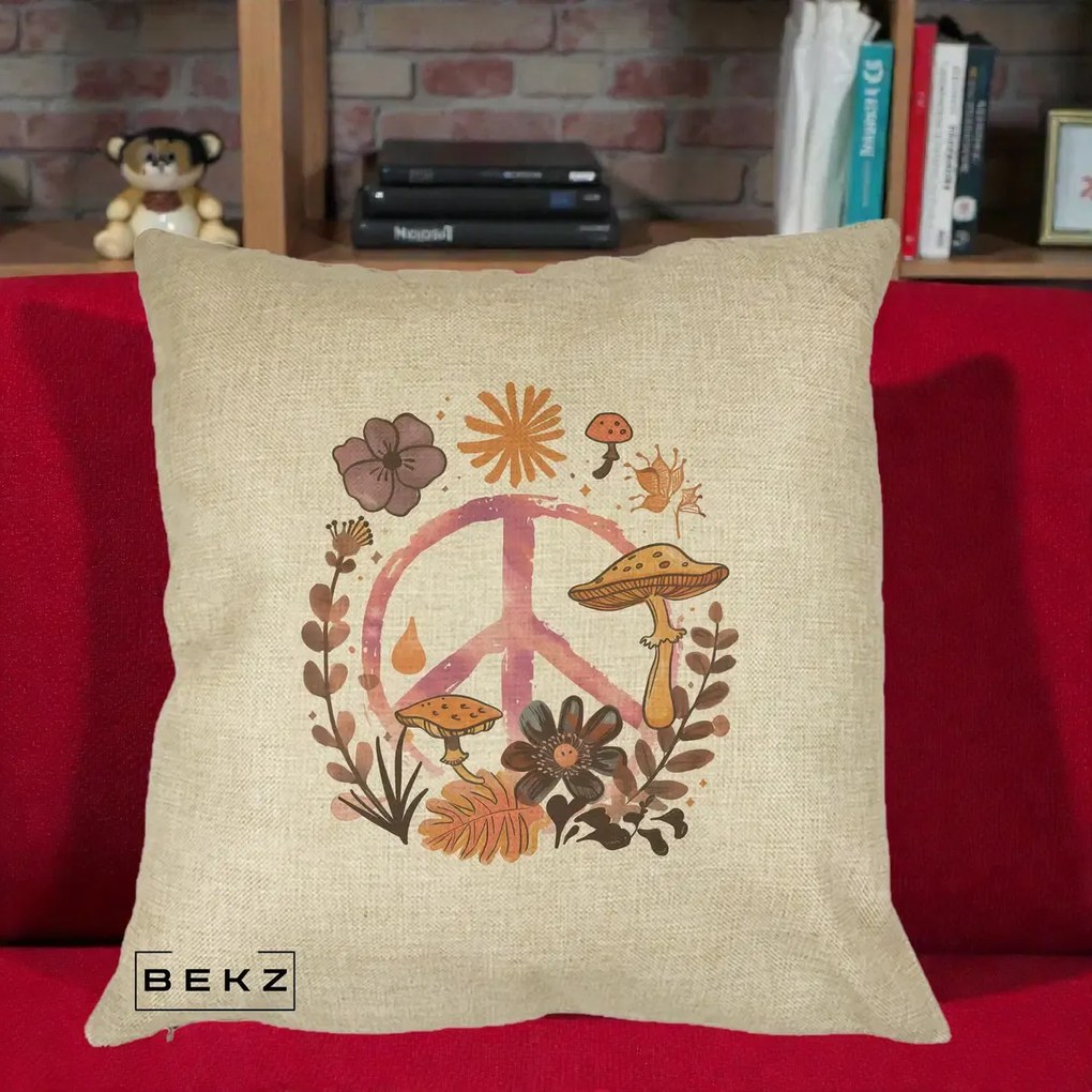 Perna Decorativa Peace Ciuperci Boho, 40x40 cm, Crem, Husa Detasabila, Perna Inclusa, BEKZ®