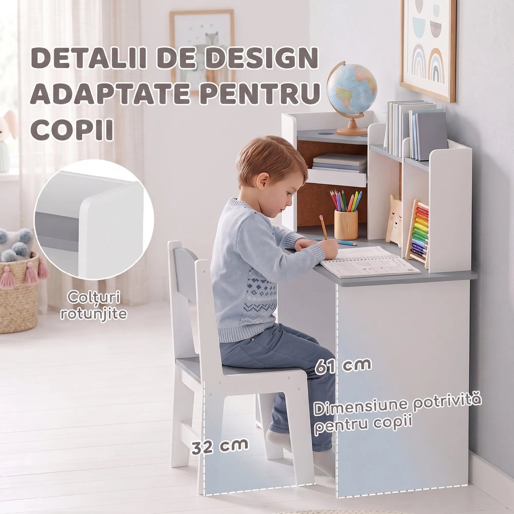 AIYAPLAY Set birou și scaun pentru copii cu suport pentru pixuri, suport reglabil pentru tabletă, dulapuri și tablă din plută, gri | Aosom Romania