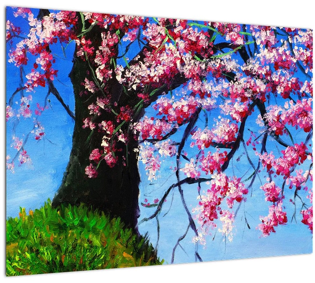 Tablou pe sticlă - Cireș înflorit - pictură (70x50 cm)