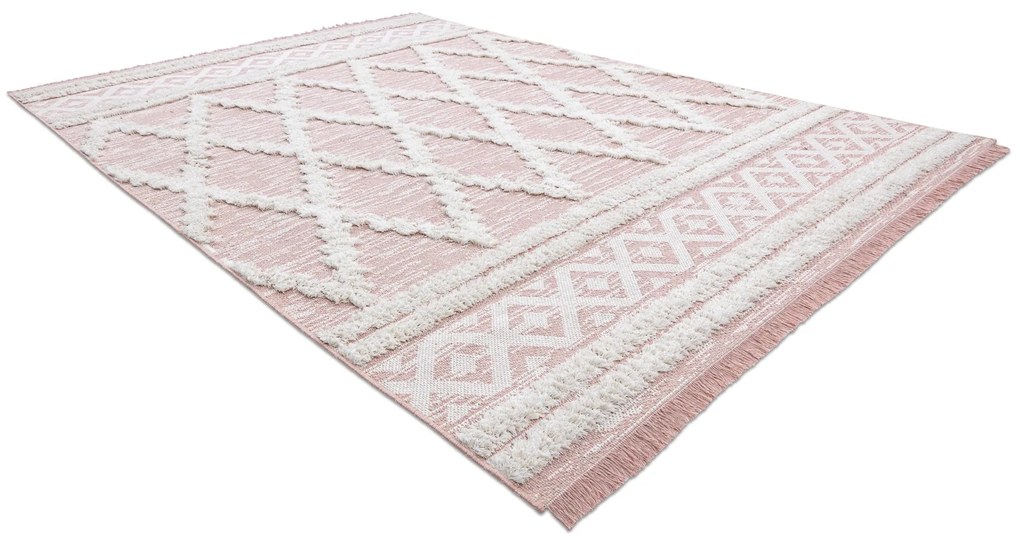 Covor ECO SISAL BOHO MOROC Caro 22297 franjuri - două niveluri de lână roz / cremă, covor reciclat