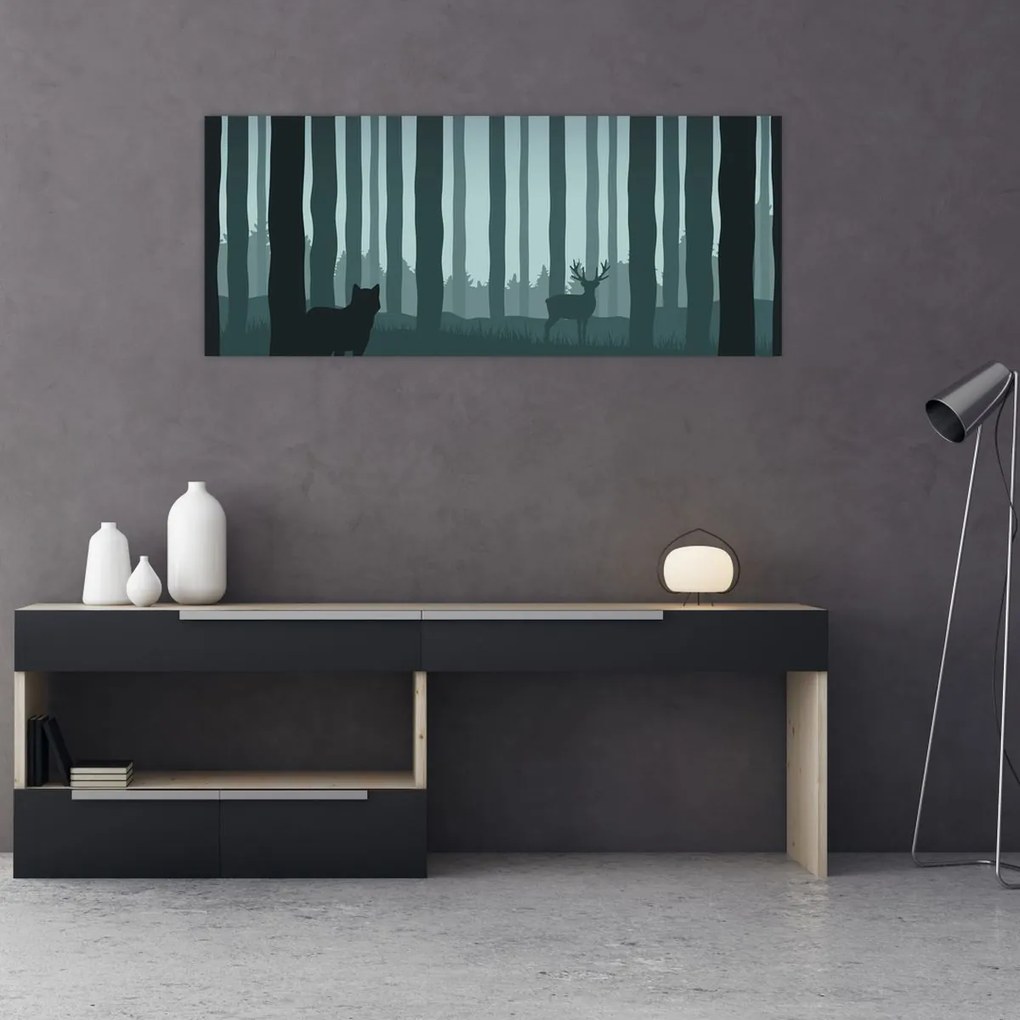 Tablou - Cerb cu lup pe stânci (120x50 cm)